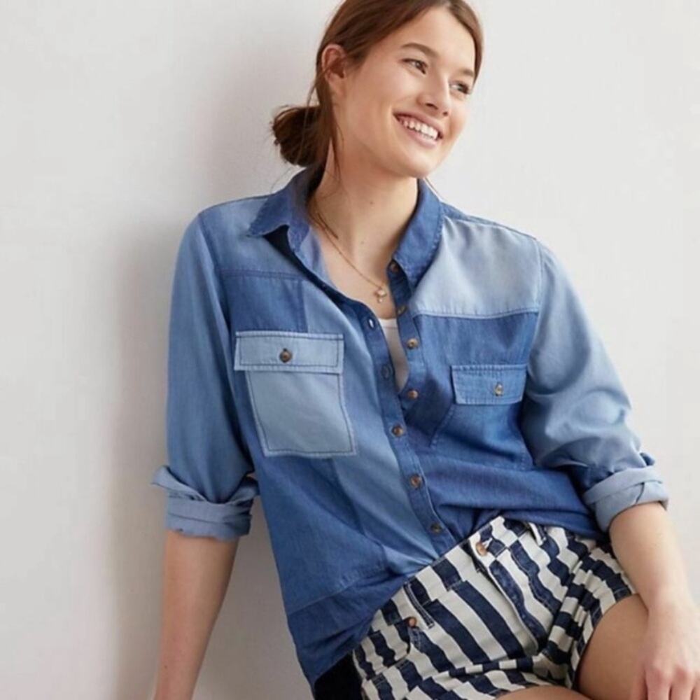 Pilcro & The Letterpress Denim Patchwork Button Up Top
